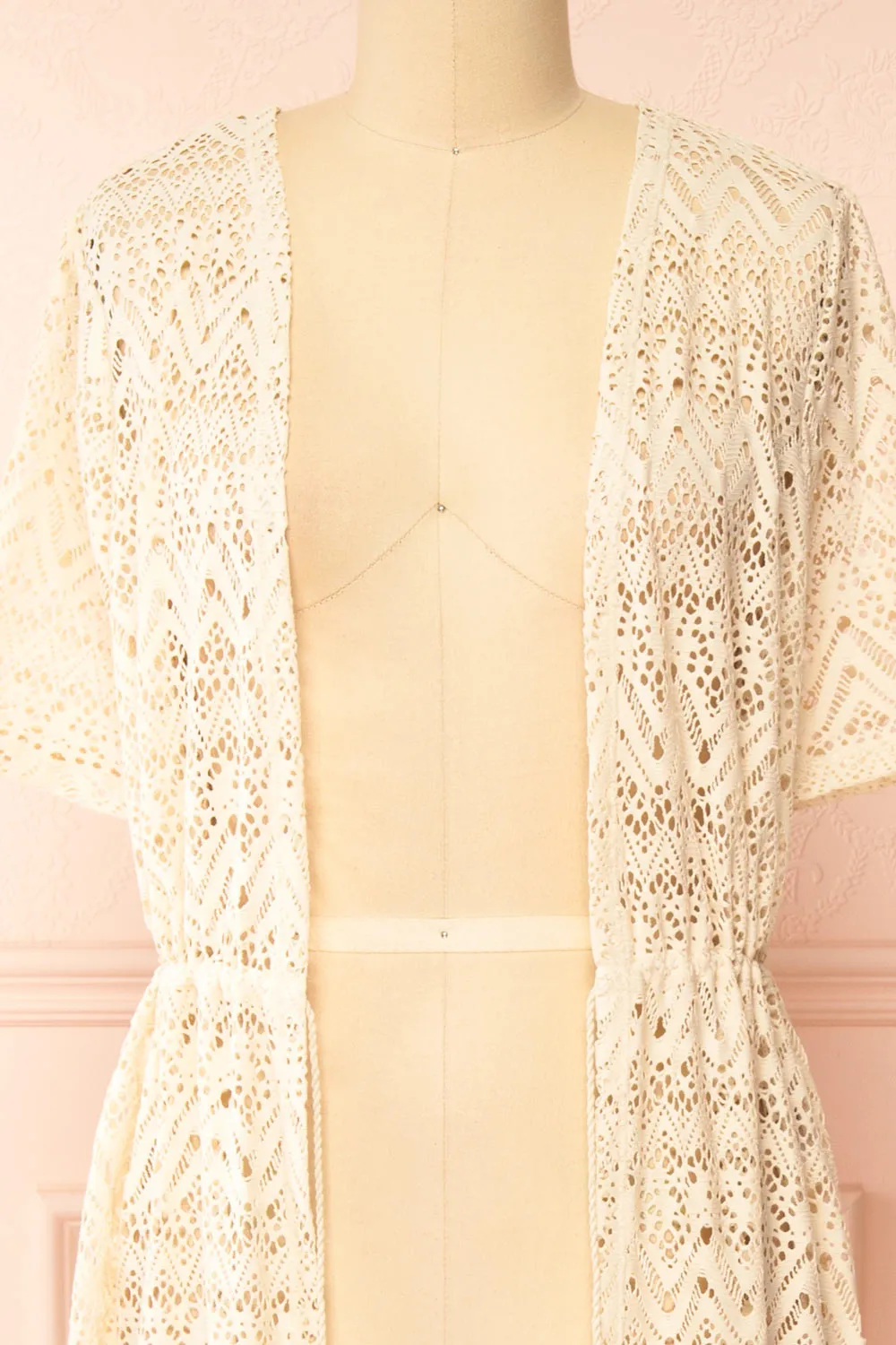 Ramira Beige | Long Crochet Kimono w/ Short Sleeves