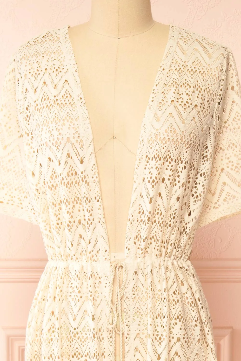 Ramira Beige | Long Crochet Kimono w/ Short Sleeves