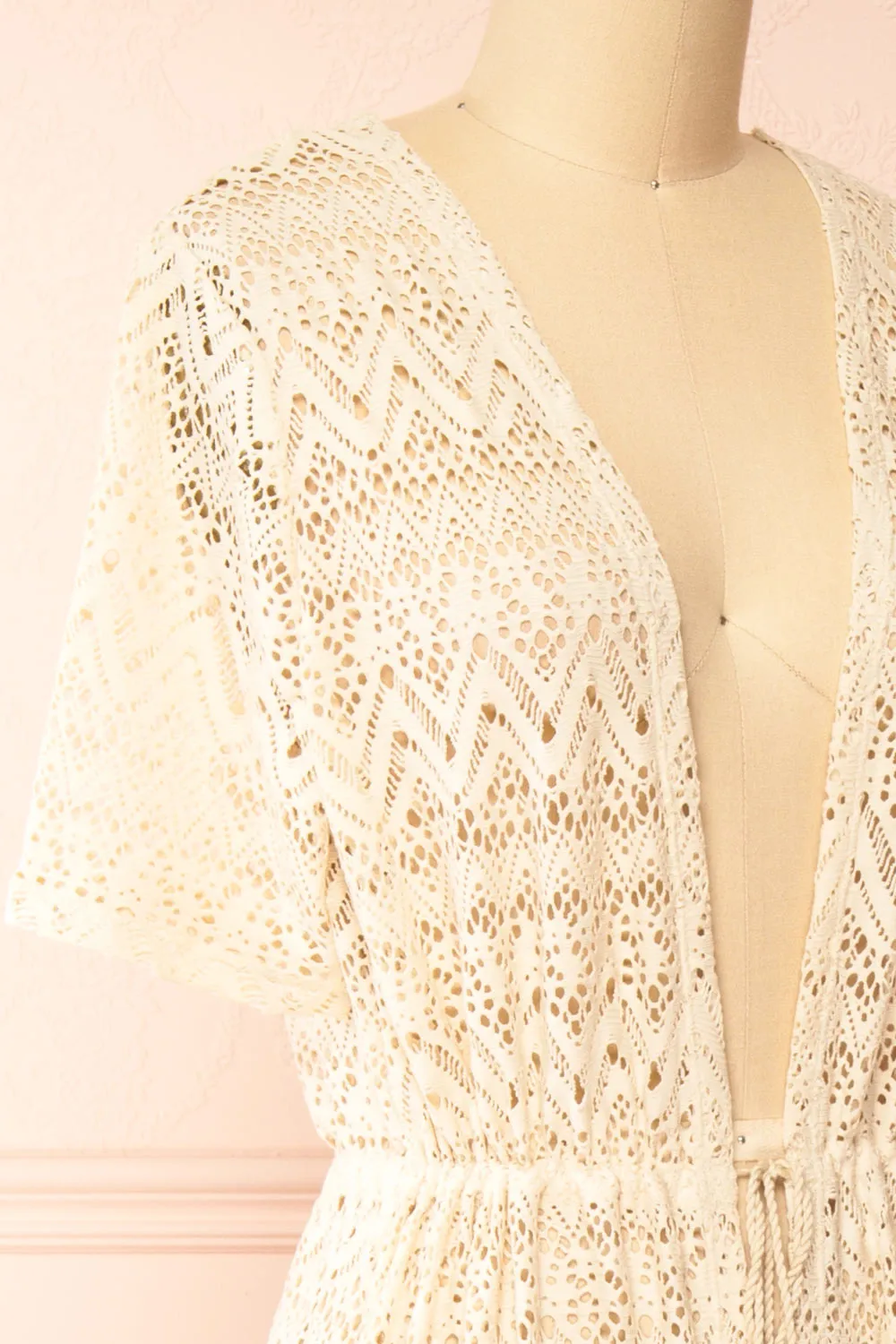 Ramira Beige | Long Crochet Kimono w/ Short Sleeves