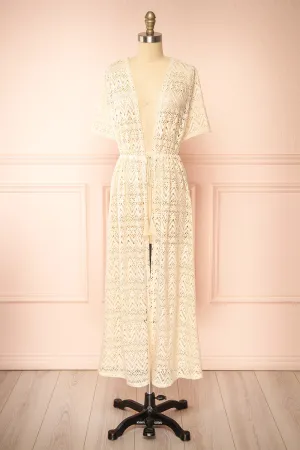 Ramira Beige | Long Crochet Kimono w/ Short Sleeves