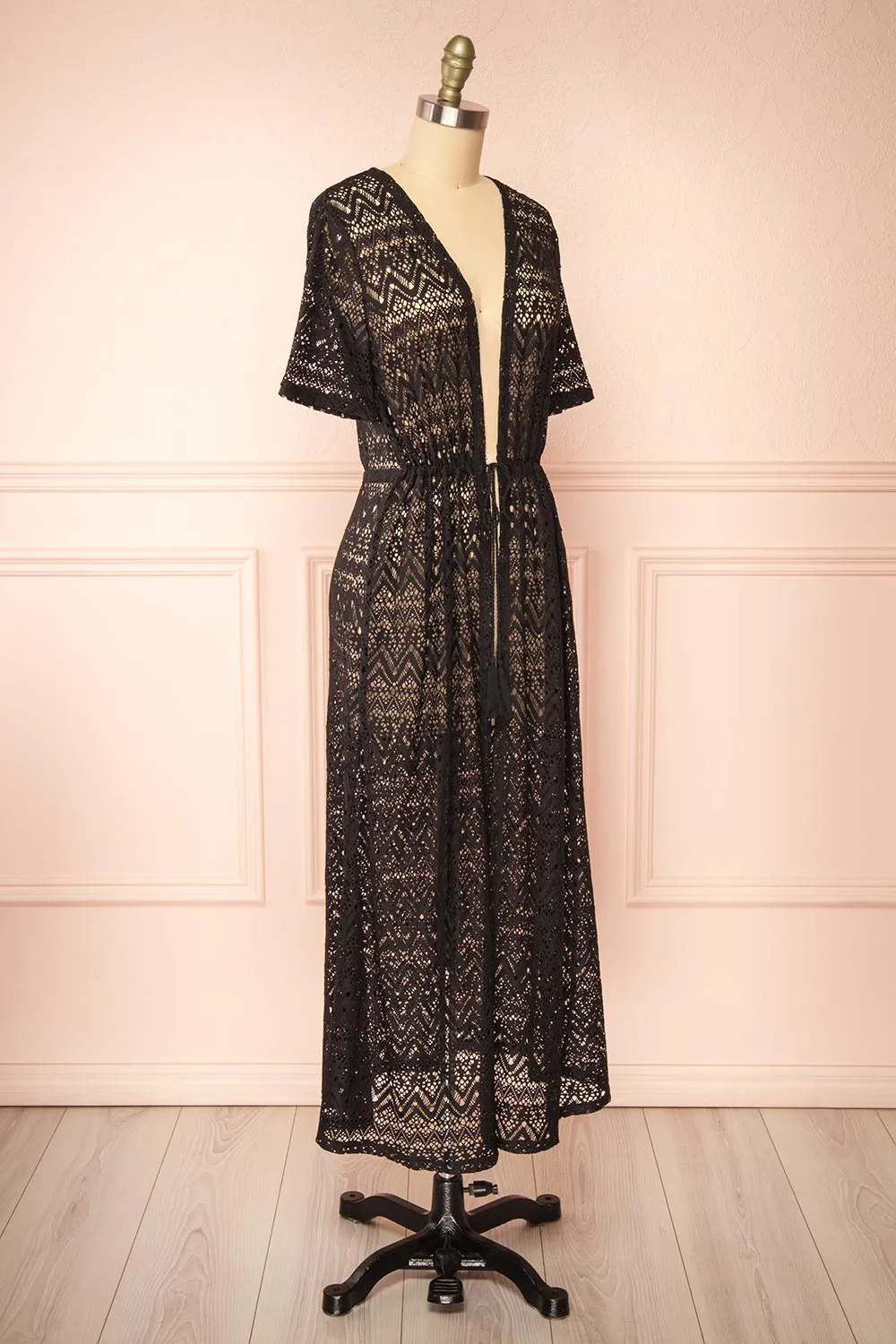 Ramira Black | Long Crochet Kimono w/ Short Sleeves