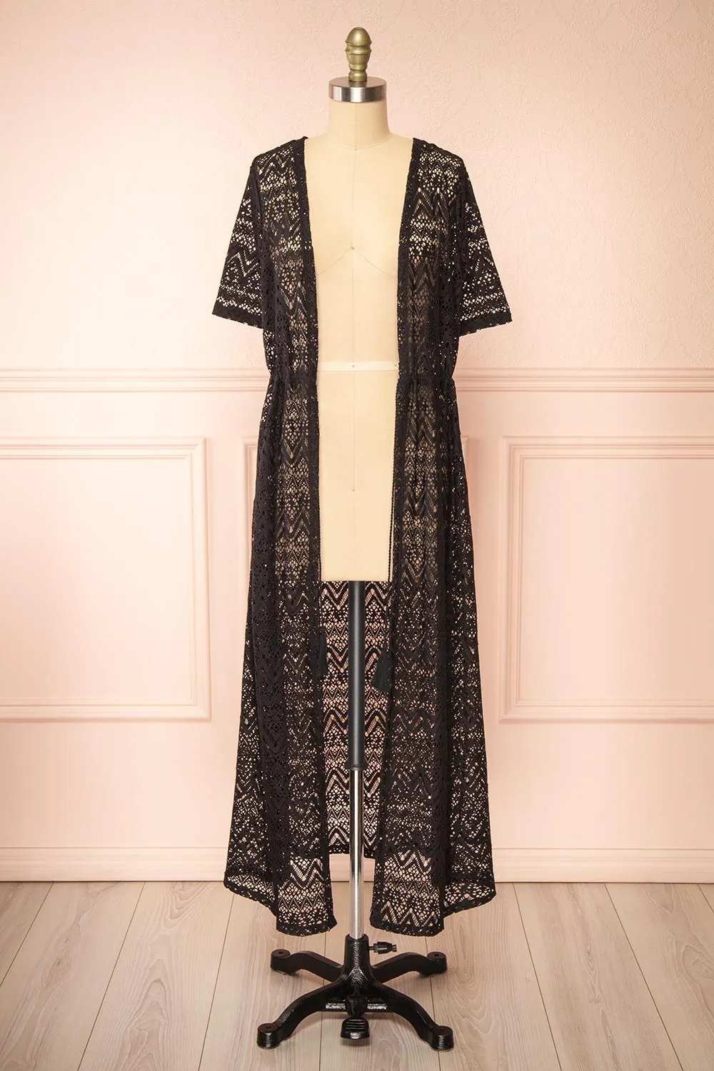 Ramira Black | Long Crochet Kimono w/ Short Sleeves