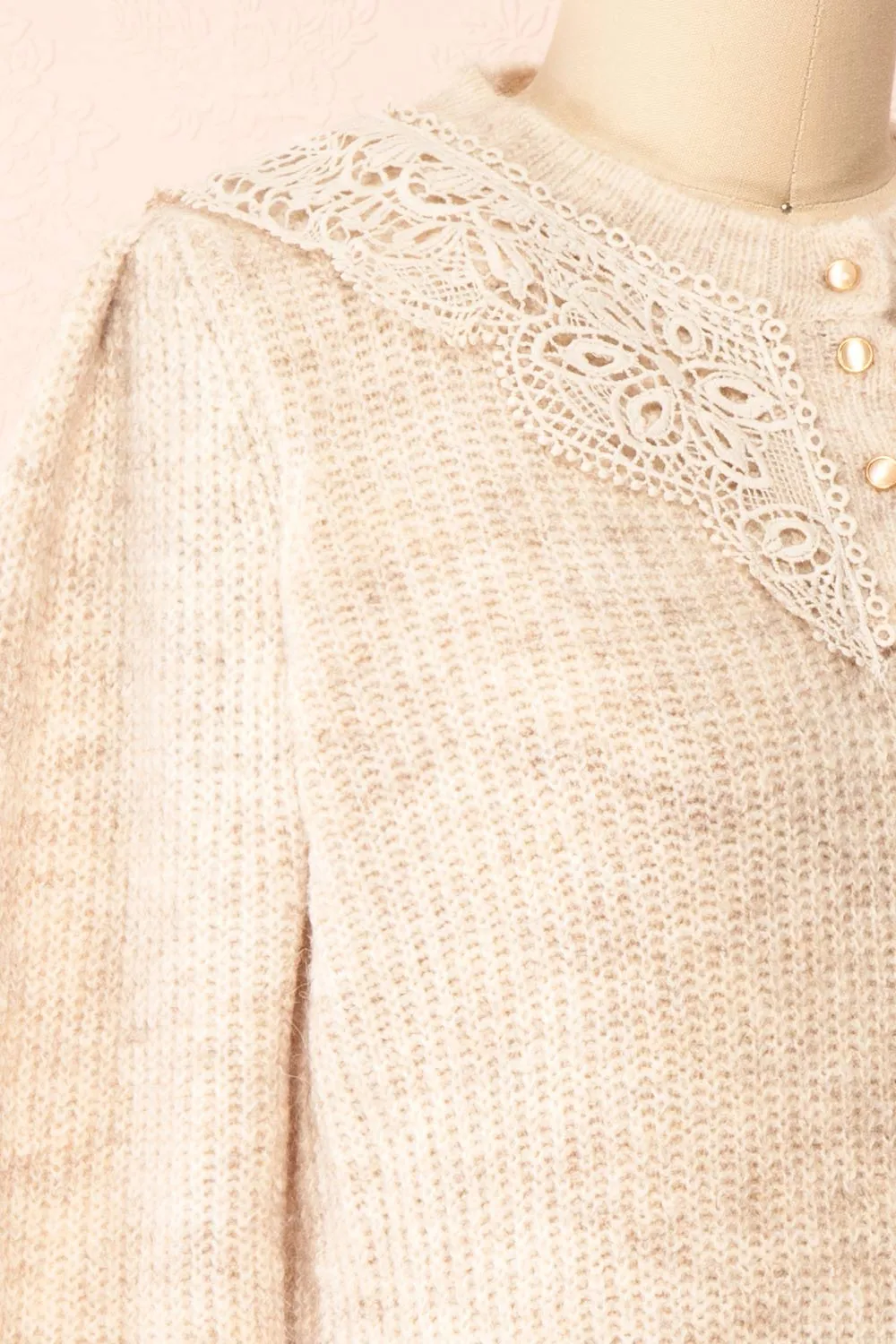 Reagan Beige | Buttoned Collar Sweater w/ Lace