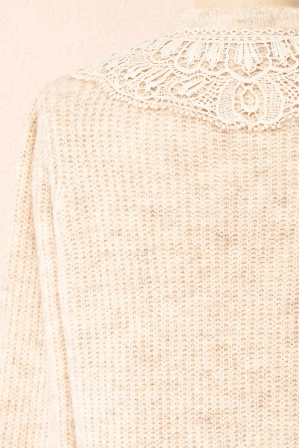 Reagan Beige | Buttoned Collar Sweater w/ Lace