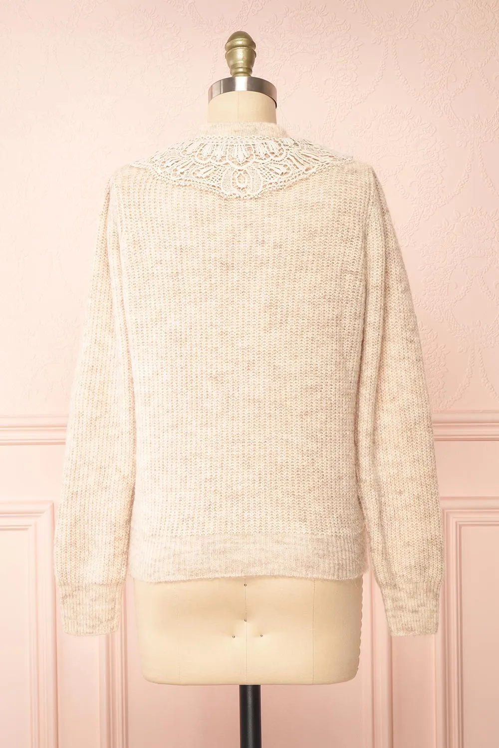 Reagan Beige | Buttoned Collar Sweater w/ Lace