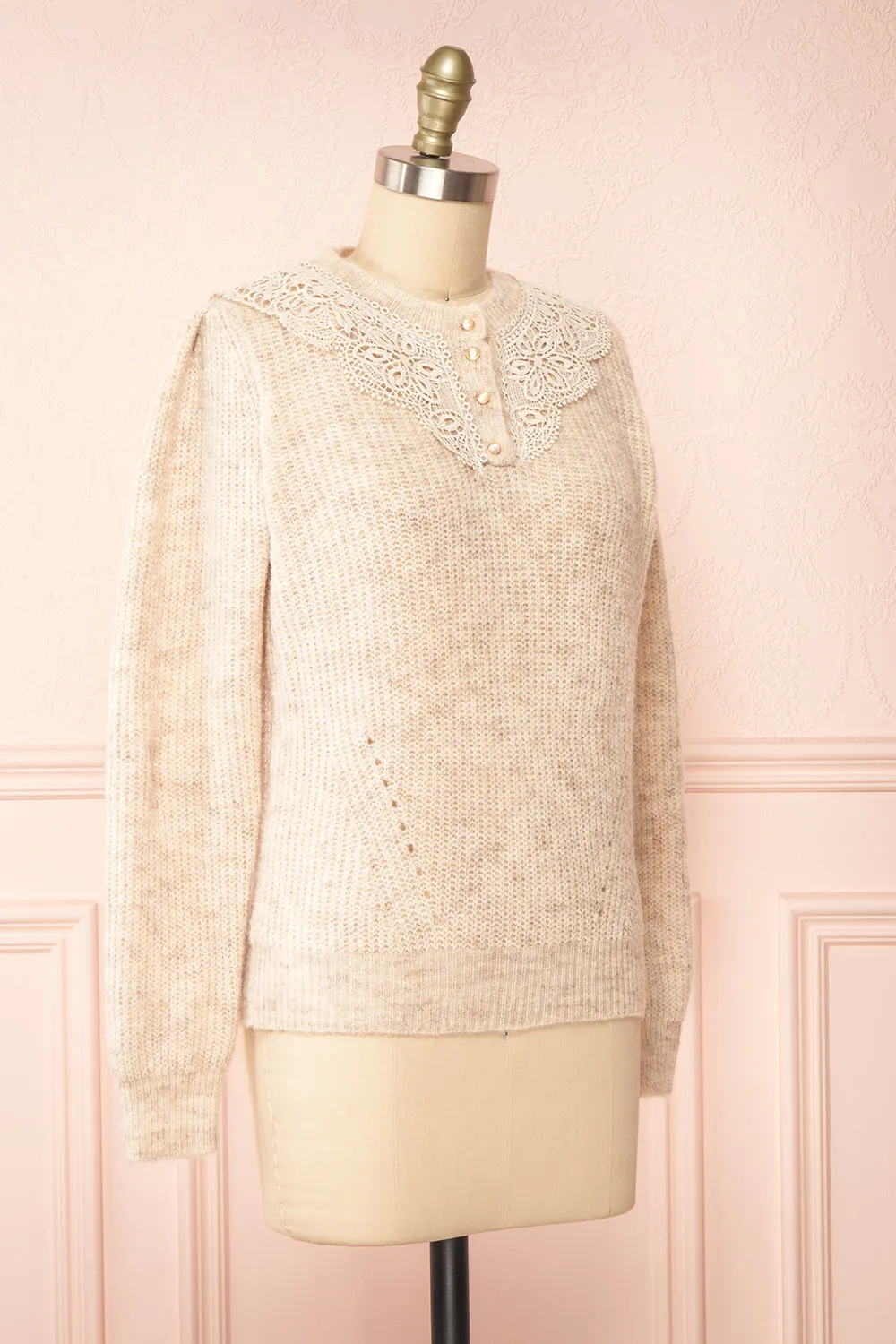 Reagan Beige | Buttoned Collar Sweater w/ Lace