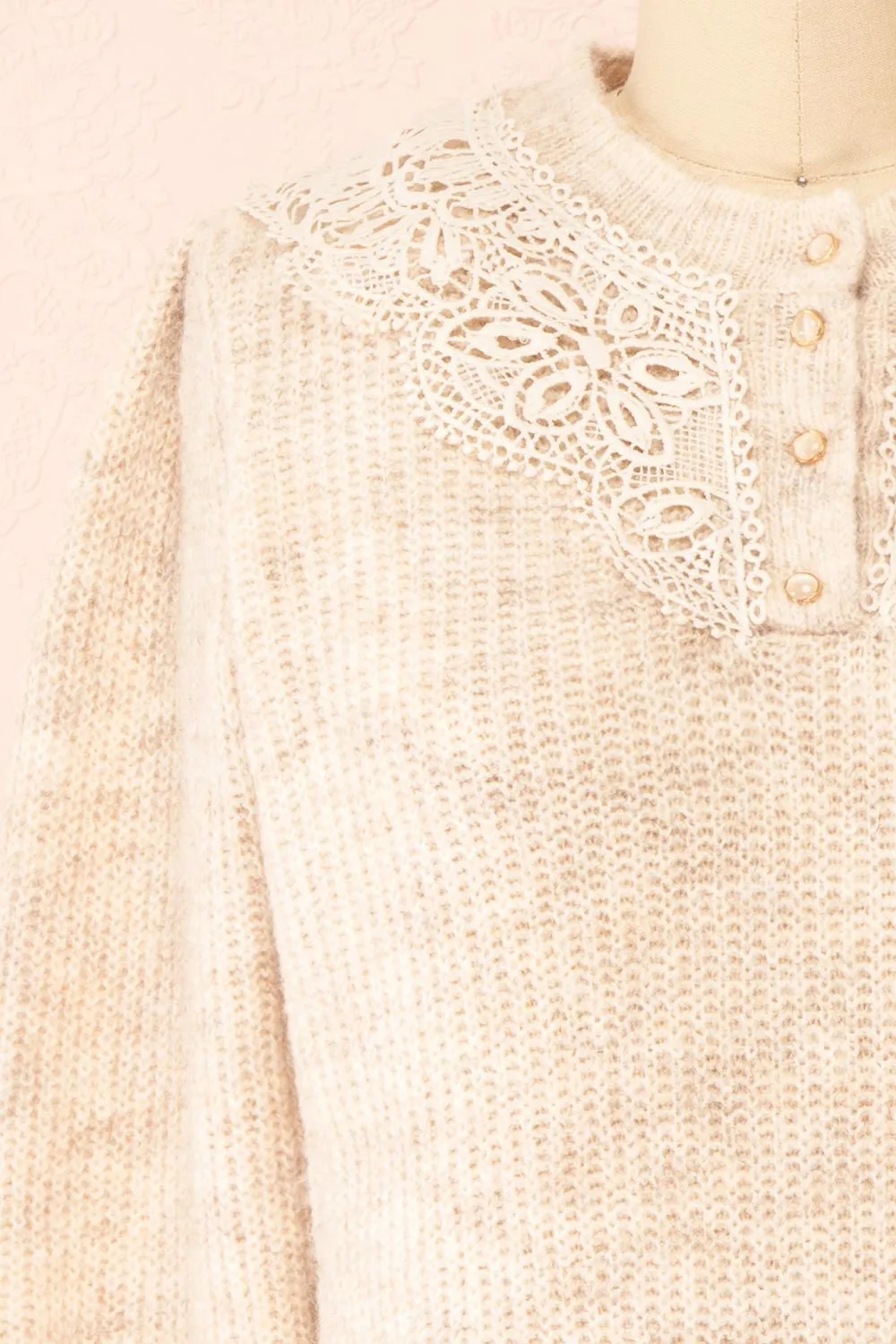 Reagan Beige | Buttoned Collar Sweater w/ Lace