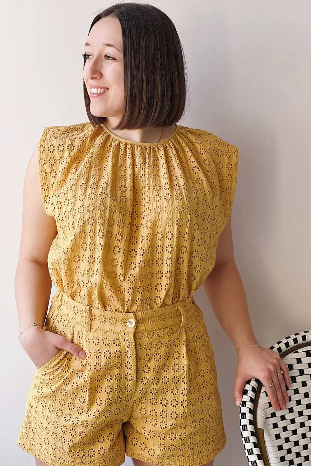 Risborough Yellow | Boxy Top w/ Openwork Embroidery