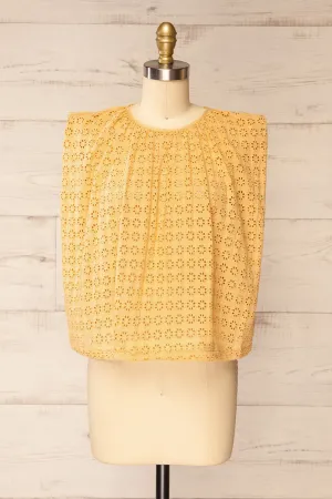 Risborough Yellow | Boxy Top w/ Openwork Embroidery