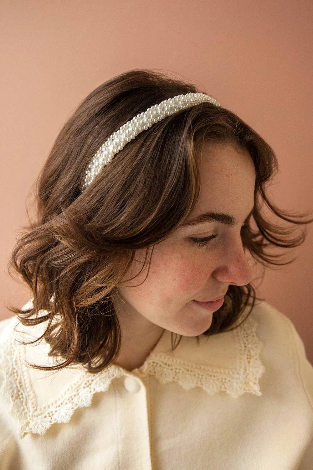 Rochelle | White Satin Headband w/ Pearls