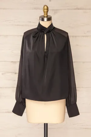 Rumoi Black | Silky Blouse w/ Sheer Sleeves
