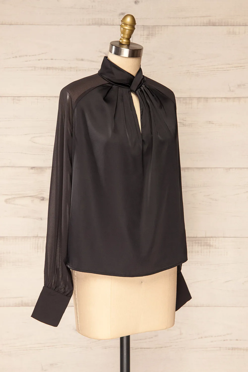 Rumoi Black | Silky Blouse w/ Sheer Sleeves