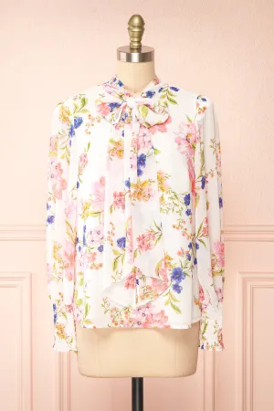 Safa | Floral Chiffon Blouse w/ Bow Collar