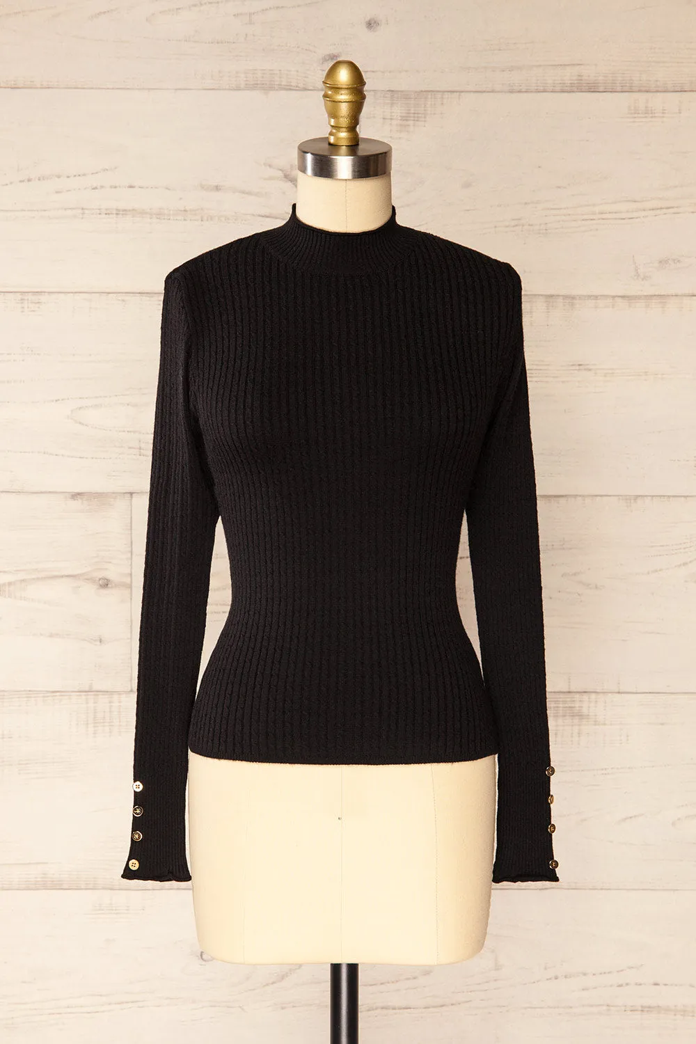 Sambir Black | Mock Neck Ribbed Fitted Top