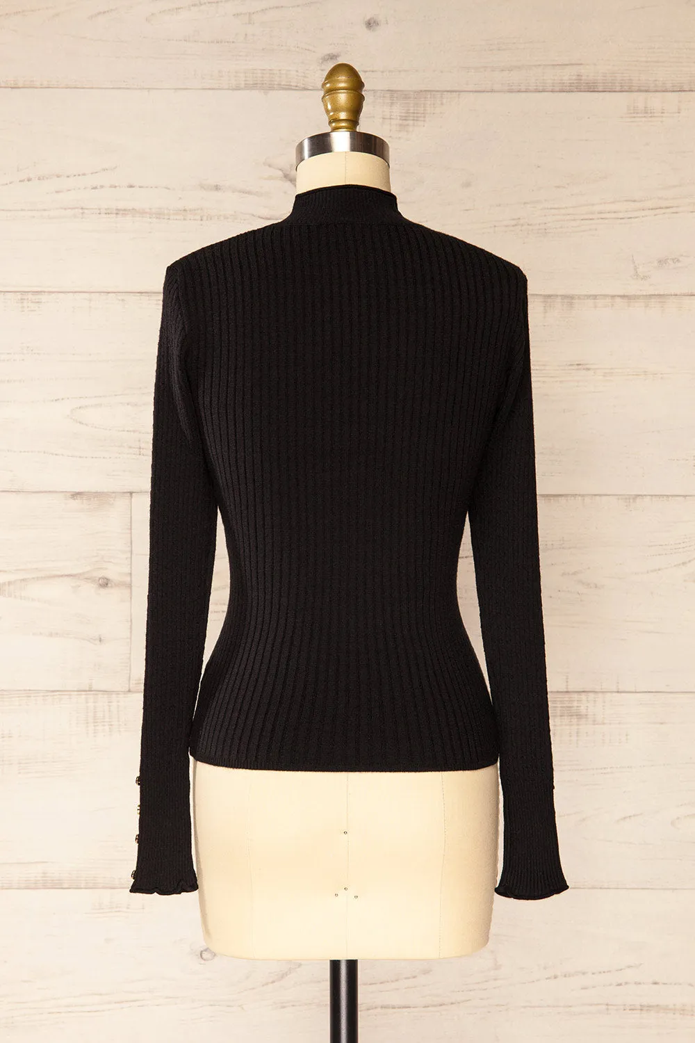 Sambir Black | Mock Neck Ribbed Fitted Top
