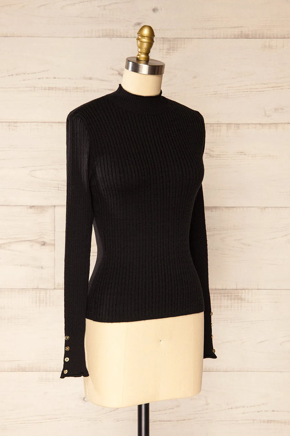 Sambir Black | Mock Neck Ribbed Fitted Top