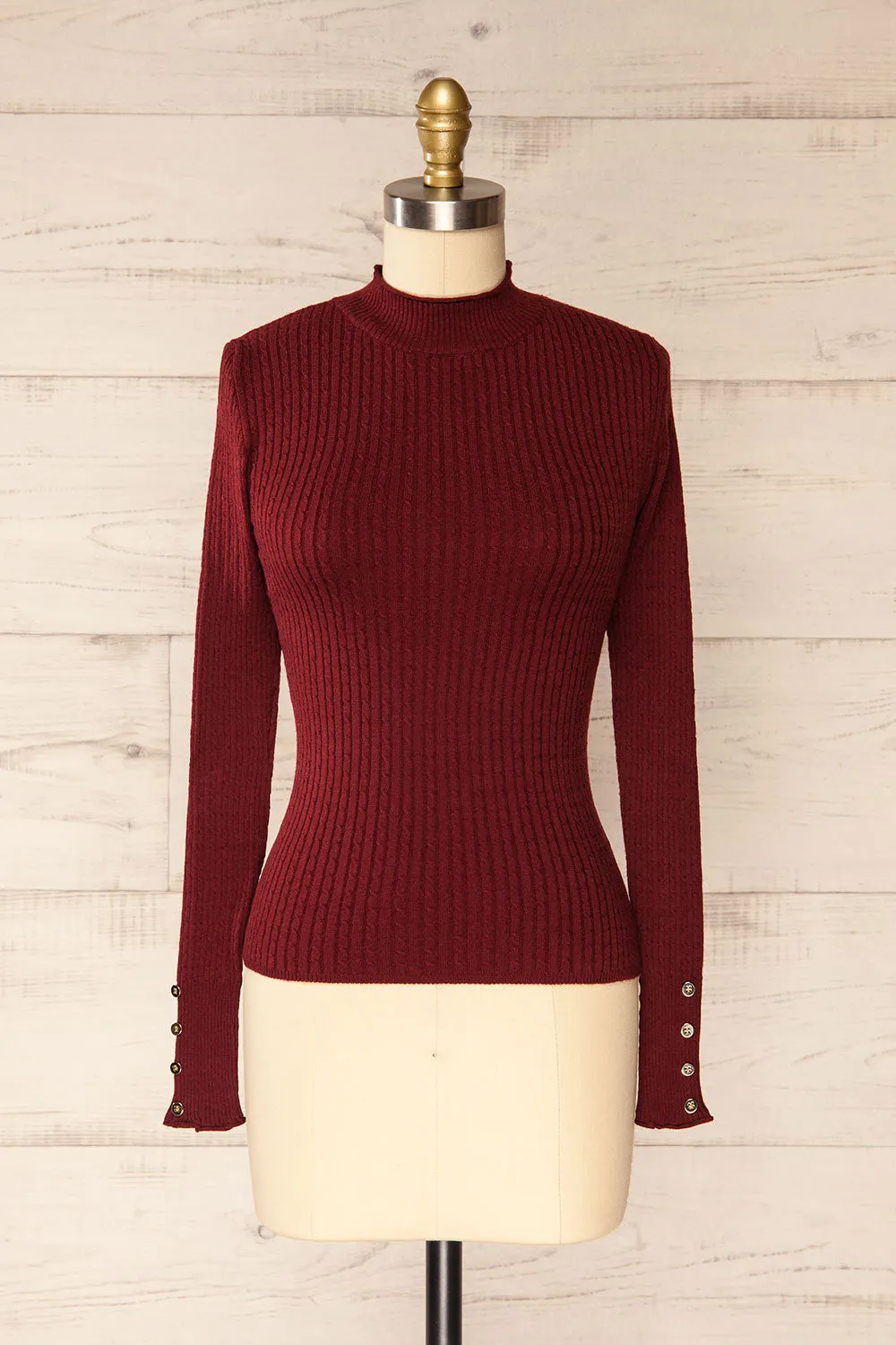 Sambir Burgundy | Mock Neck Ribbed Fitted Top