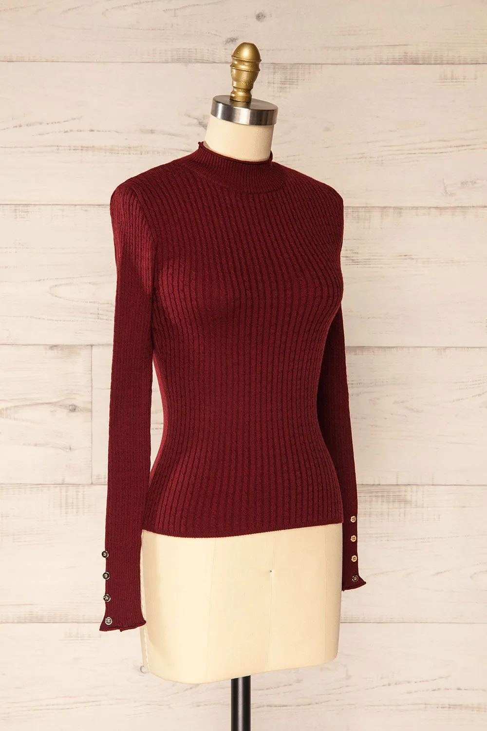Sambir Burgundy | Mock Neck Ribbed Fitted Top
