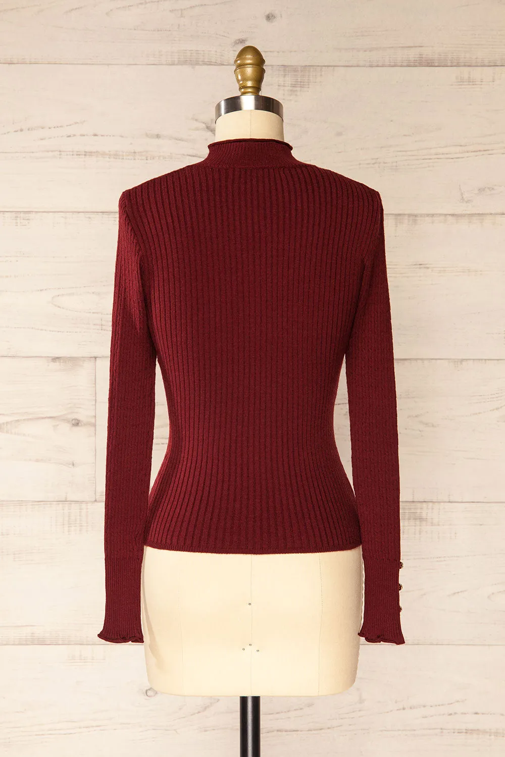 Sambir Burgundy | Mock Neck Ribbed Fitted Top