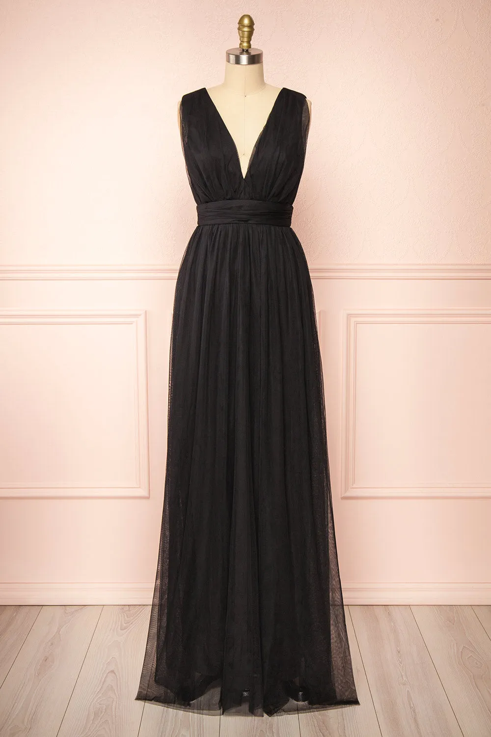 Samina Black | Tulle Maxi Dress w/ Plunging Neckline