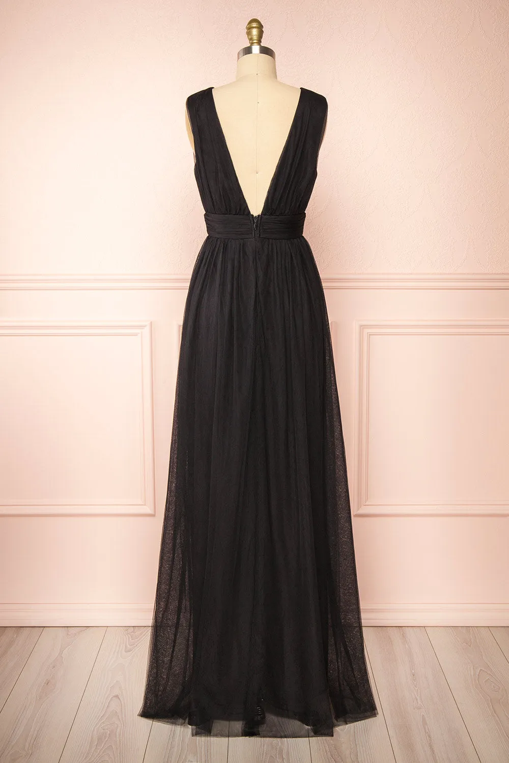 Samina Black | Tulle Maxi Dress w/ Plunging Neckline