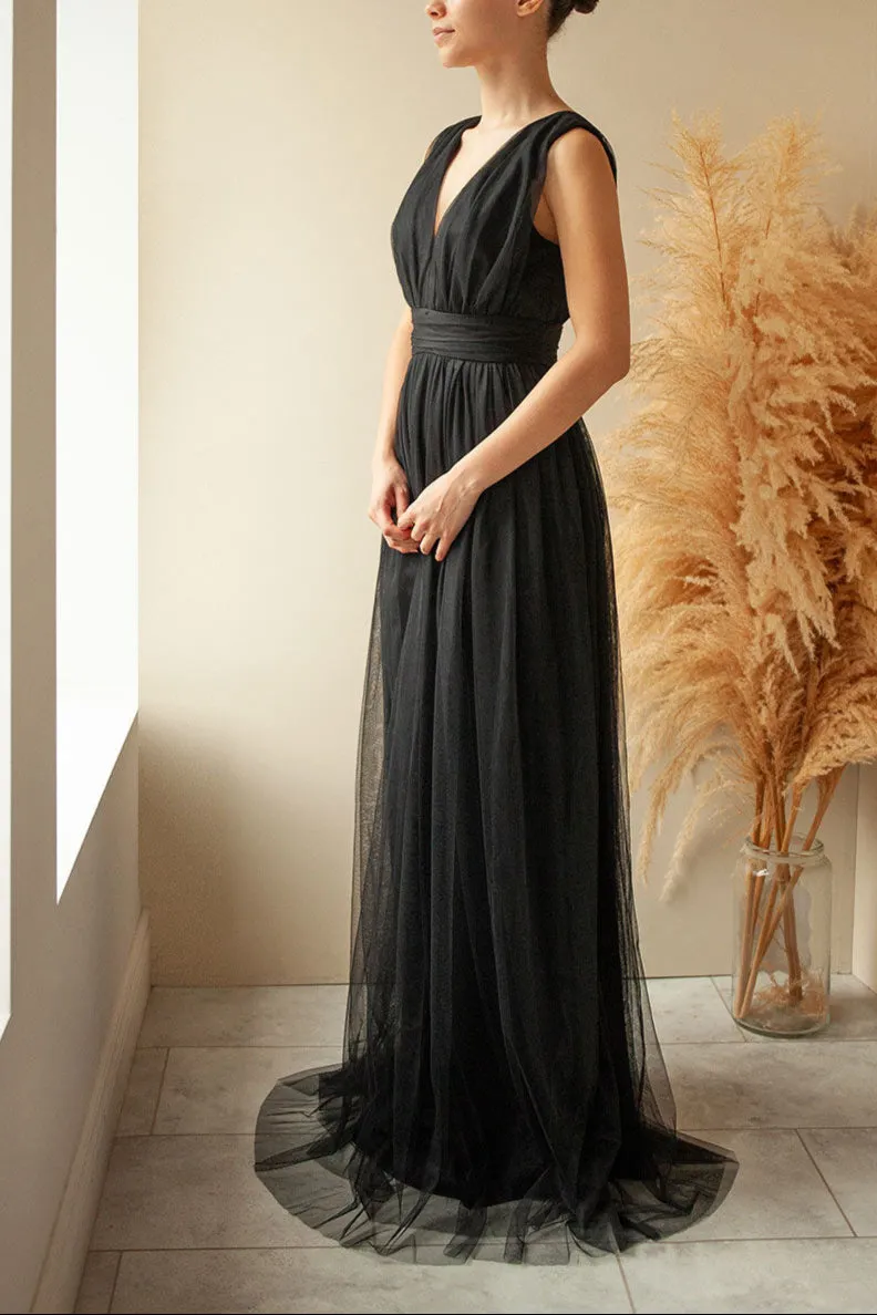 Samina Black | Tulle Maxi Dress w/ Plunging Neckline