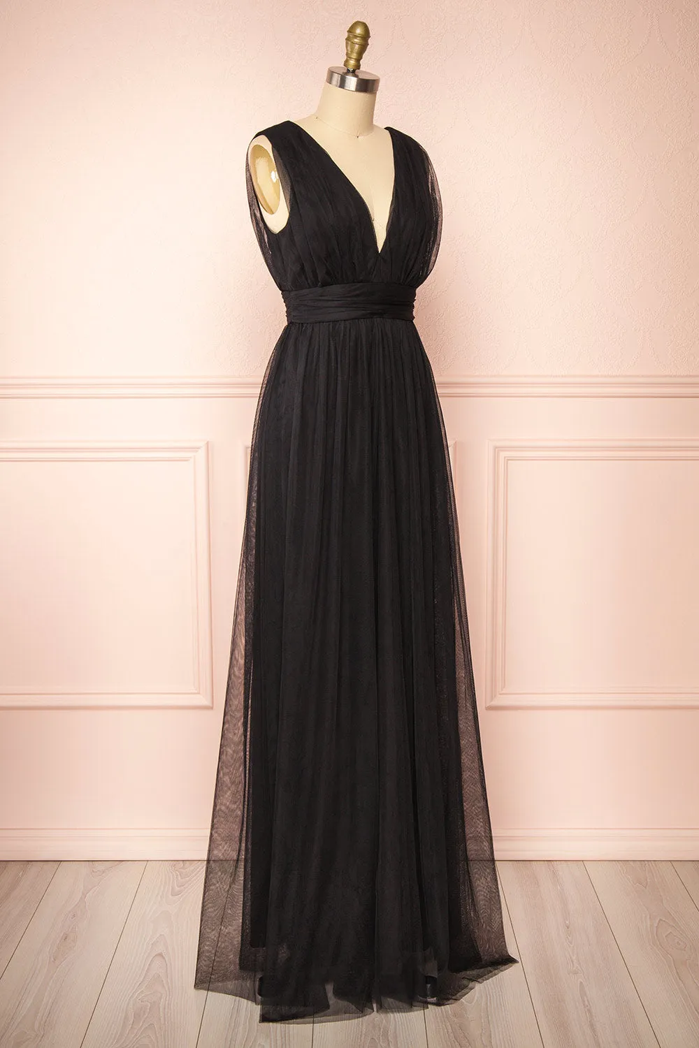Samina Black | Tulle Maxi Dress w/ Plunging Neckline