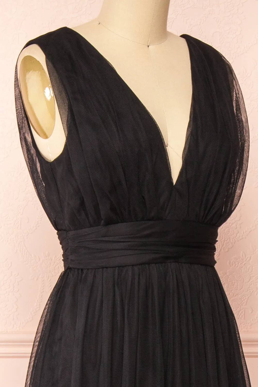 Samina Black | Tulle Maxi Dress w/ Plunging Neckline