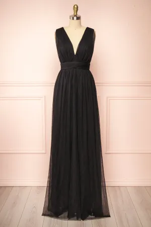 Samina Black | Tulle Maxi Dress w/ Plunging Neckline
