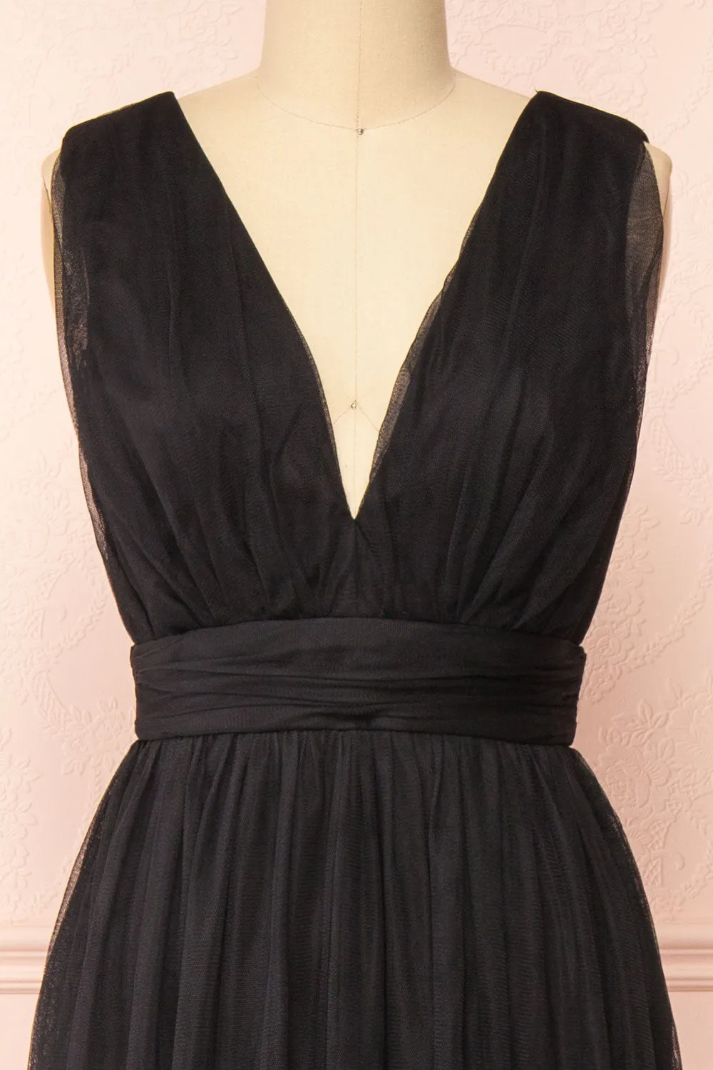 Samina Black | Tulle Maxi Dress w/ Plunging Neckline