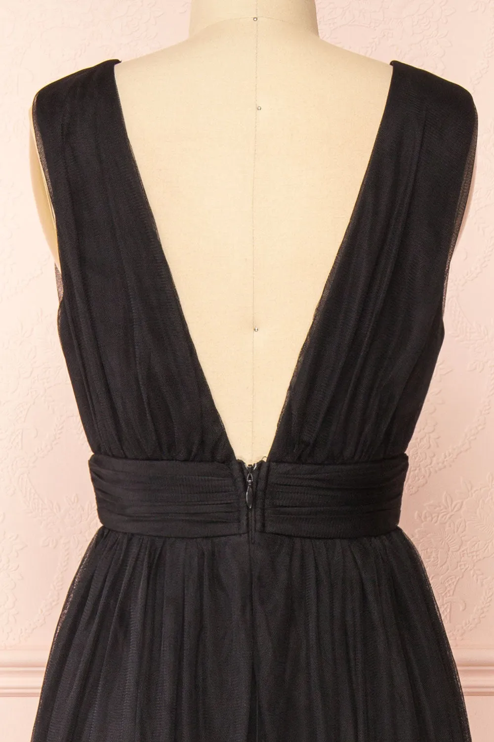 Samina Black | Tulle Maxi Dress w/ Plunging Neckline