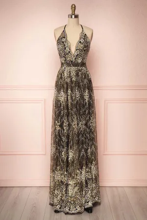 Sharidan Black | Glitter Mesh Maxi Dress