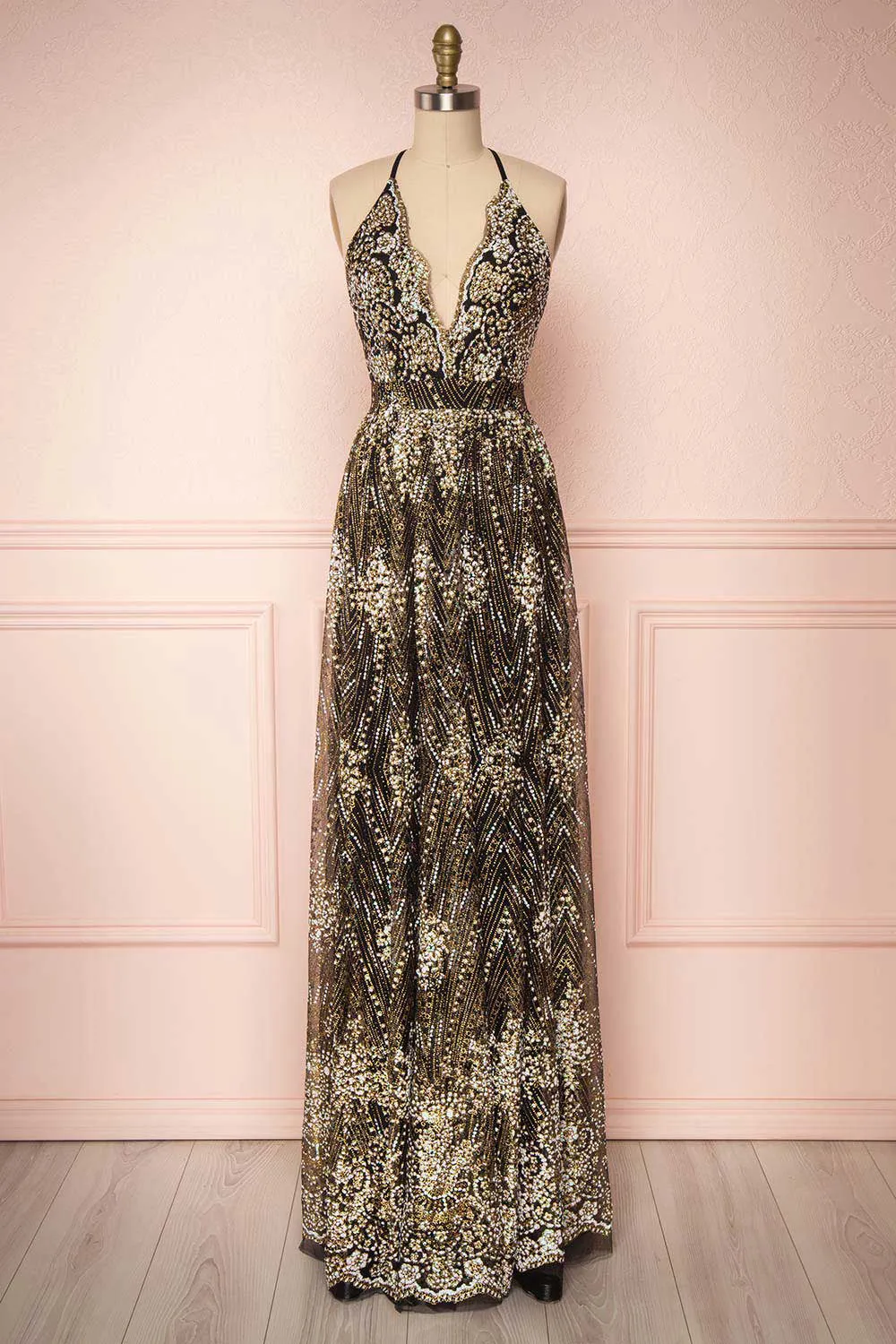 Sharidan Black | Glitter Mesh Maxi Dress