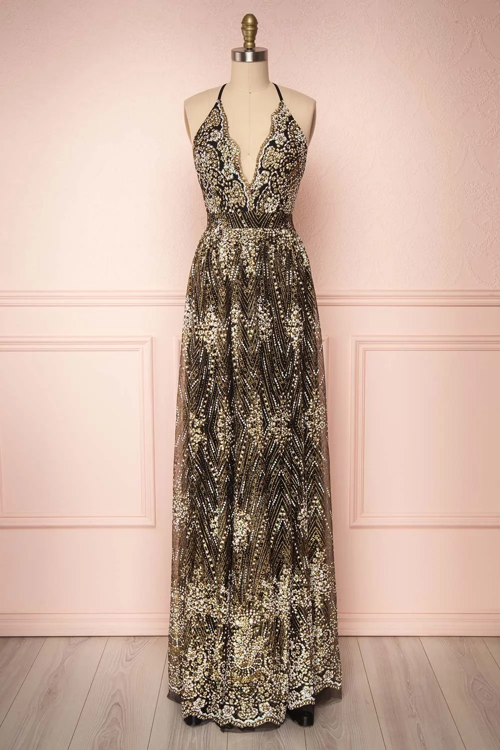 Sharidan Black | Glitter Mesh Maxi Dress
