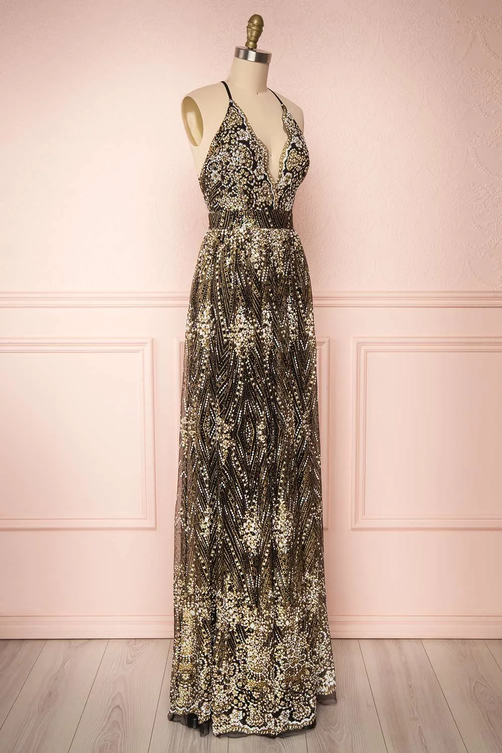 Sharidan Black | Glitter Mesh Maxi Dress