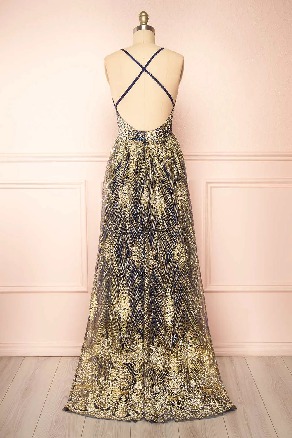 Sharidan Navy | Glitter Mesh Maxi Dress