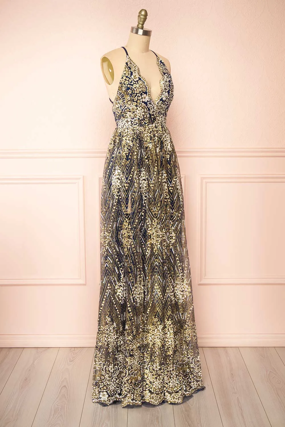 Sharidan Navy | Glitter Mesh Maxi Dress