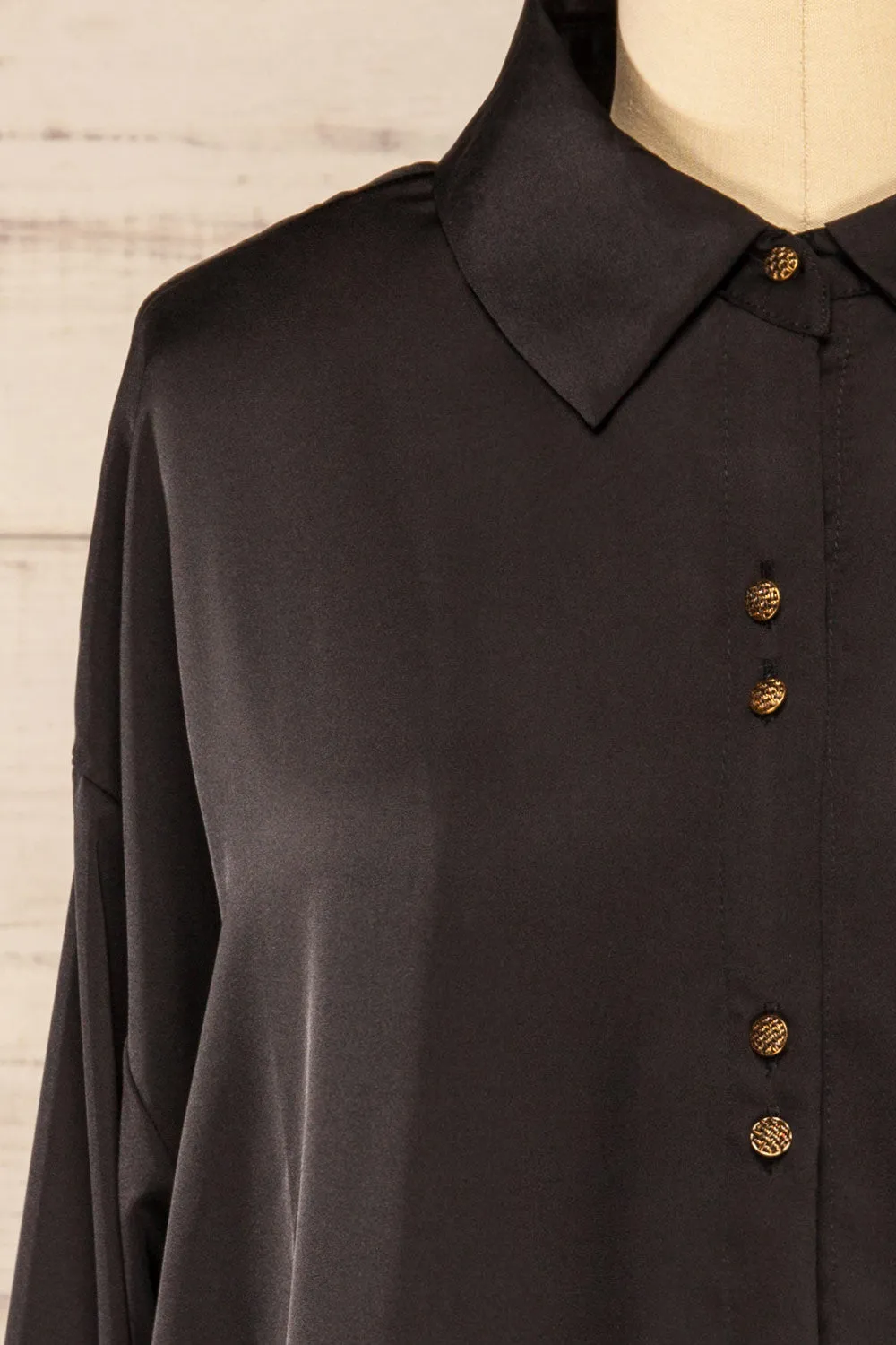 Stratford Black | Satin Shirt w/ Double Buttons