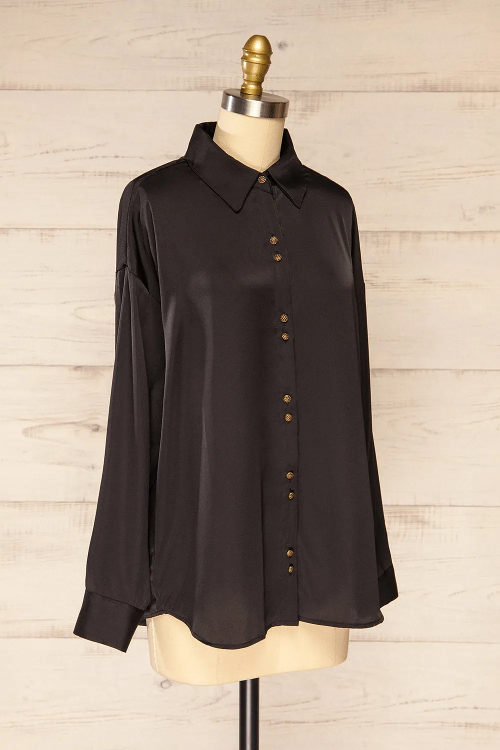 Stratford Black | Satin Shirt w/ Double Buttons