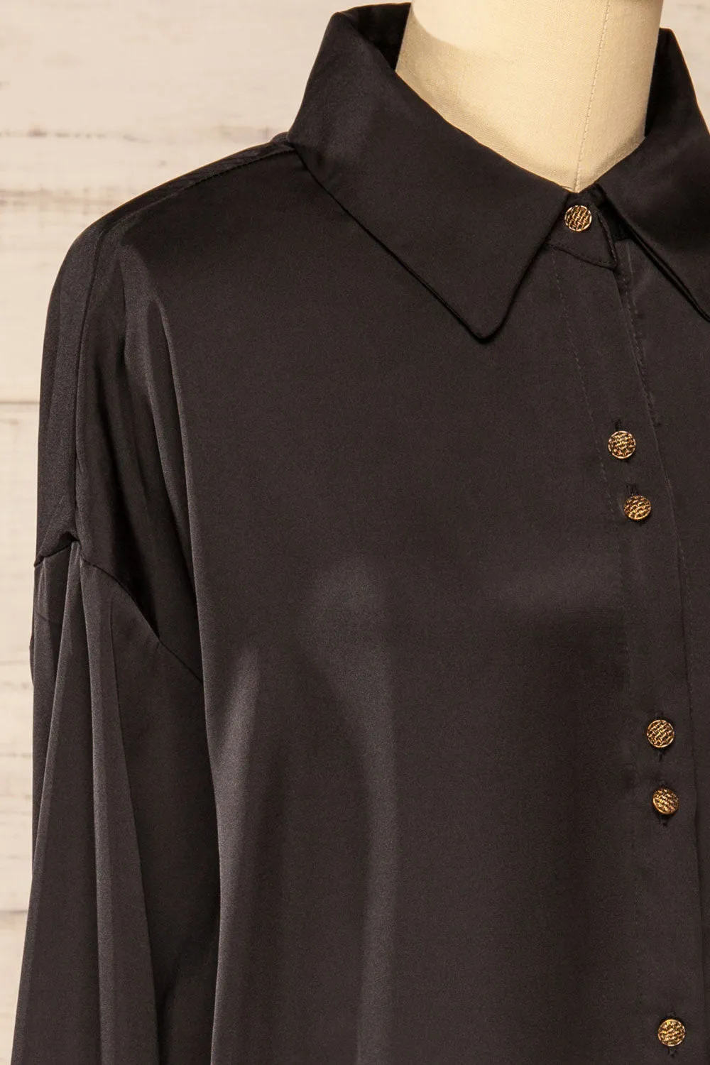 Stratford Black | Satin Shirt w/ Double Buttons