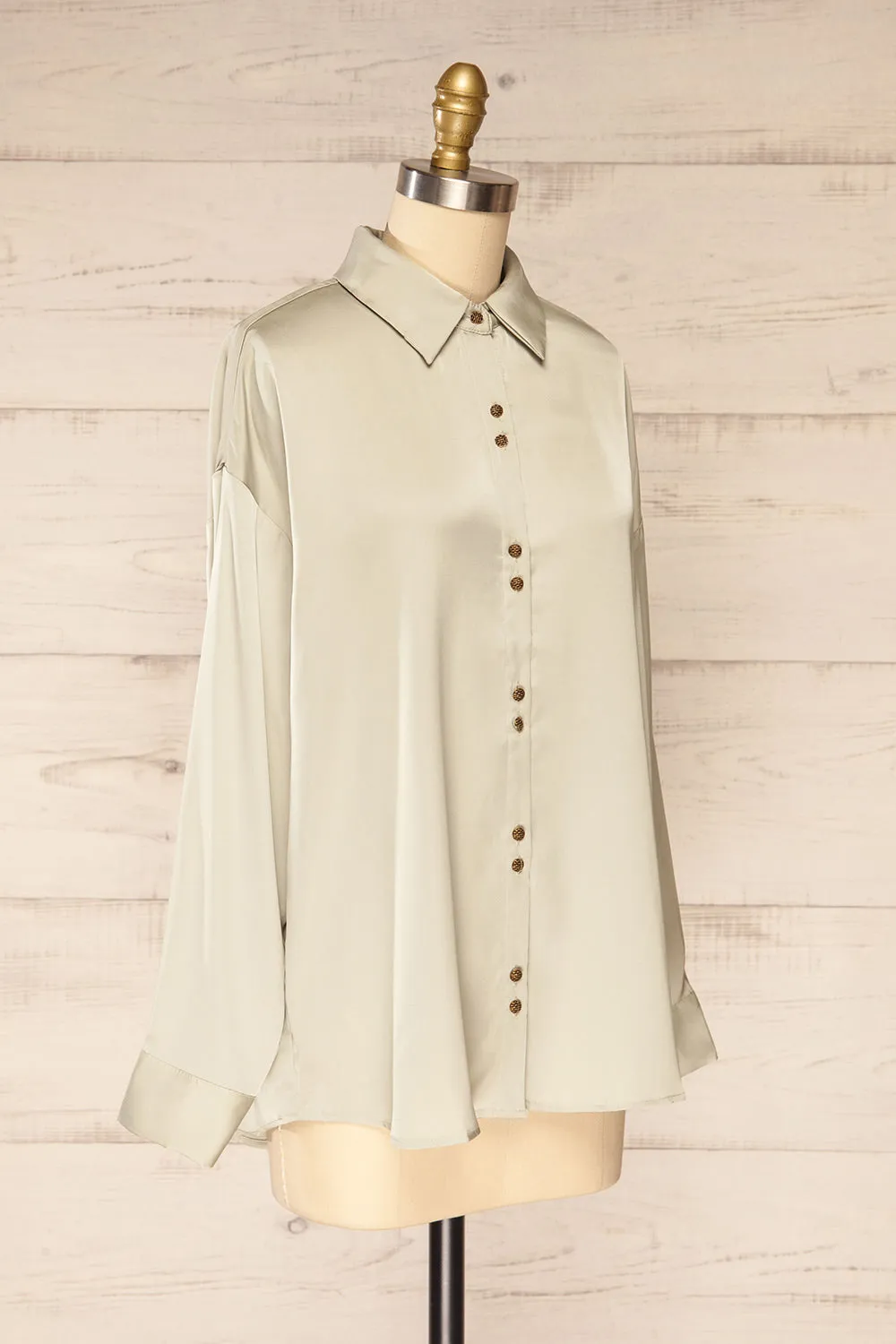 Stratford Sage | Satin Shirt w/ Double Buttons