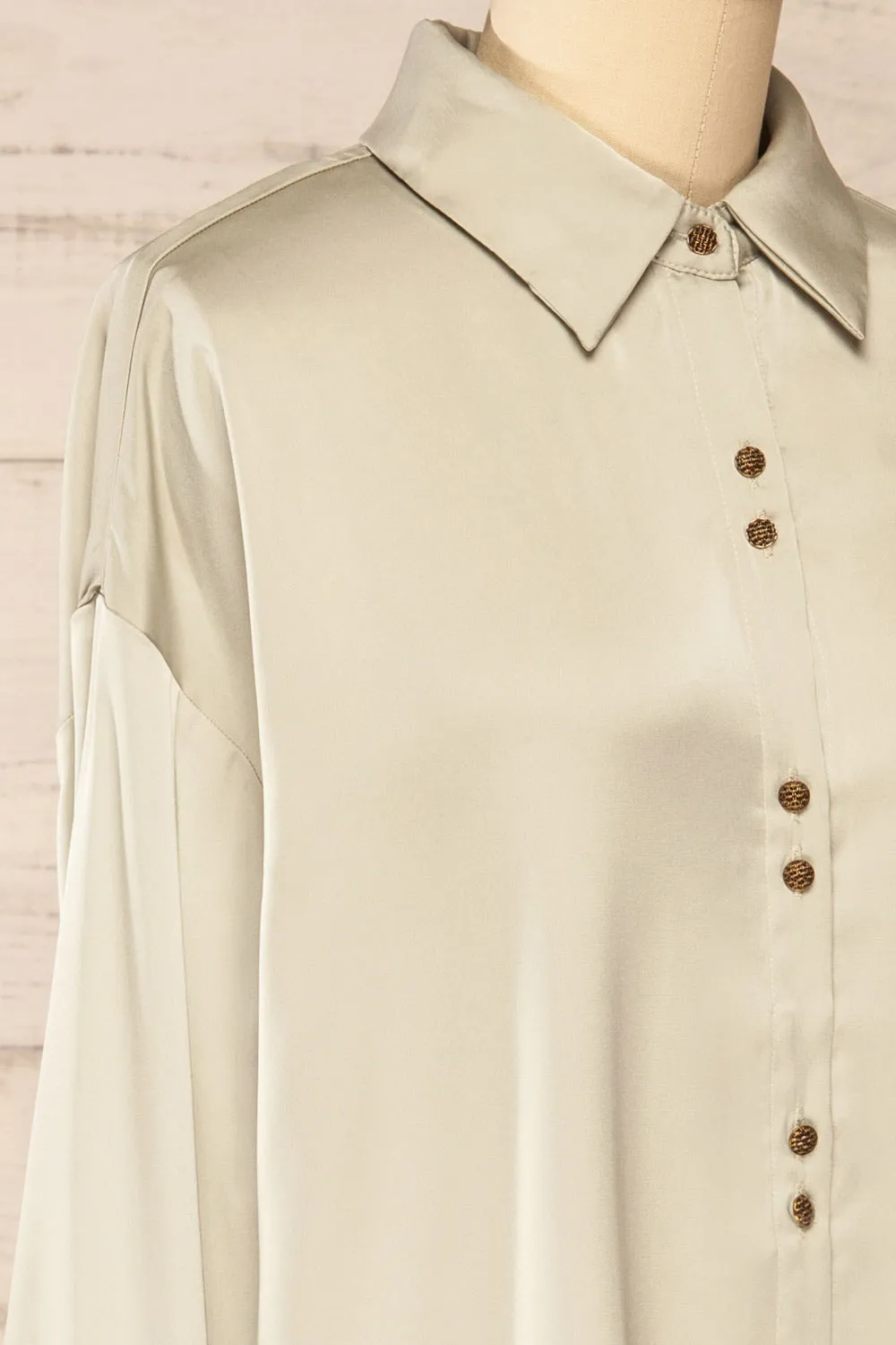 Stratford Sage | Satin Shirt w/ Double Buttons