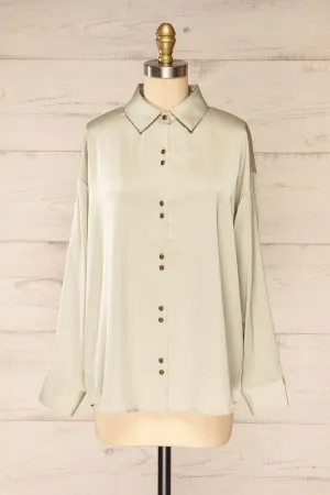 Stratford Sage | Satin Shirt w/ Double Buttons
