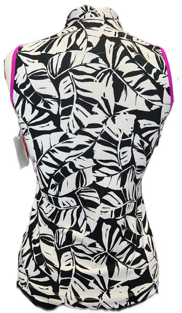 Tail White Label Black & White Palm Print Sleeveless Top w/Fuchsia Trim Size XS MSP$65