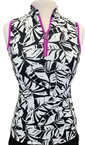 Tail White Label Black & White Palm Print Sleeveless Top w/Fuchsia Trim Size XS MSP$65