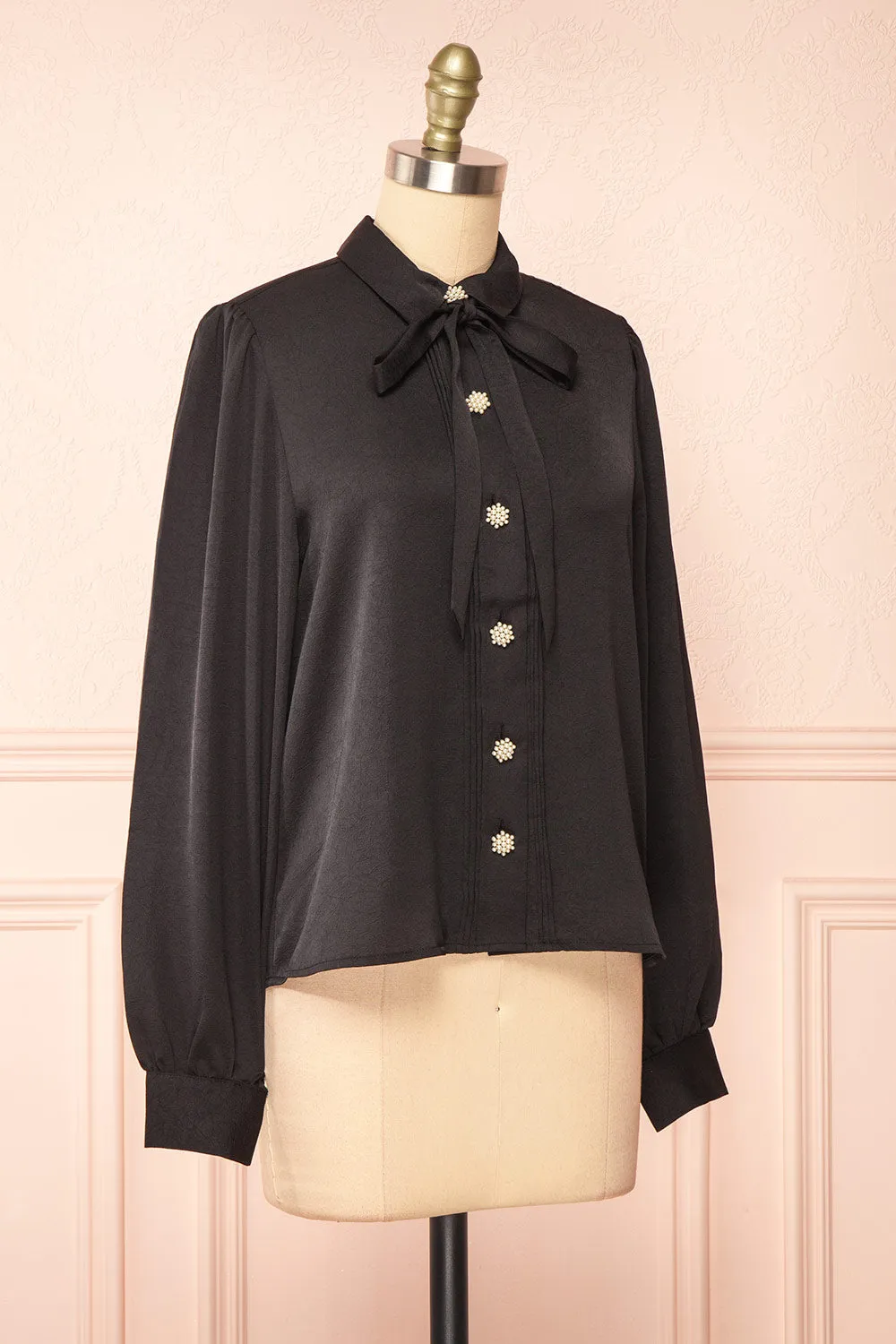 Talie Black | Textured Chiffon Button-Up Blouse
