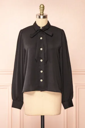 Talie Black | Textured Chiffon Button-Up Blouse