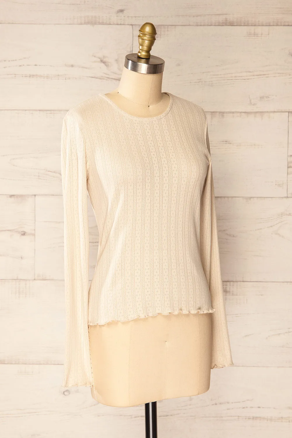 Toulon Beige | Long Sleeve Lace-Knit Top