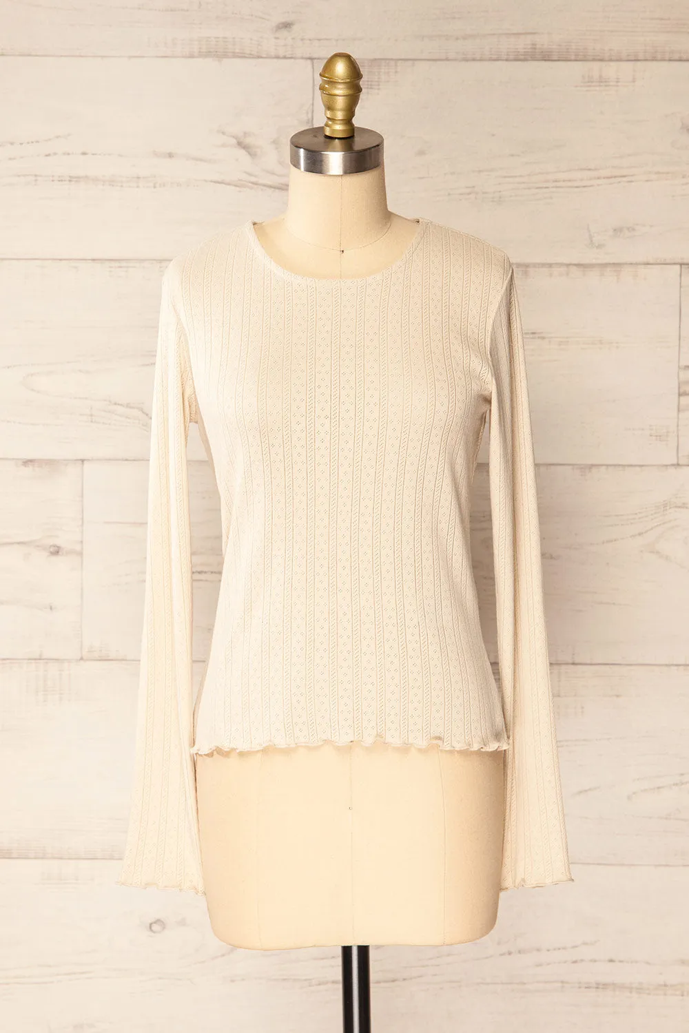 Toulon Beige | Long Sleeve Lace-Knit Top
