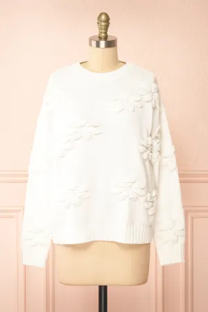 Vitis White | Sweater w/ 3D Floral Embroidery